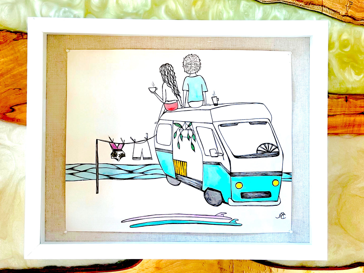 Coffee Break - Original Artwork created on mixed media paper with acrylic and ink. Matted in high profile shadowbox frames