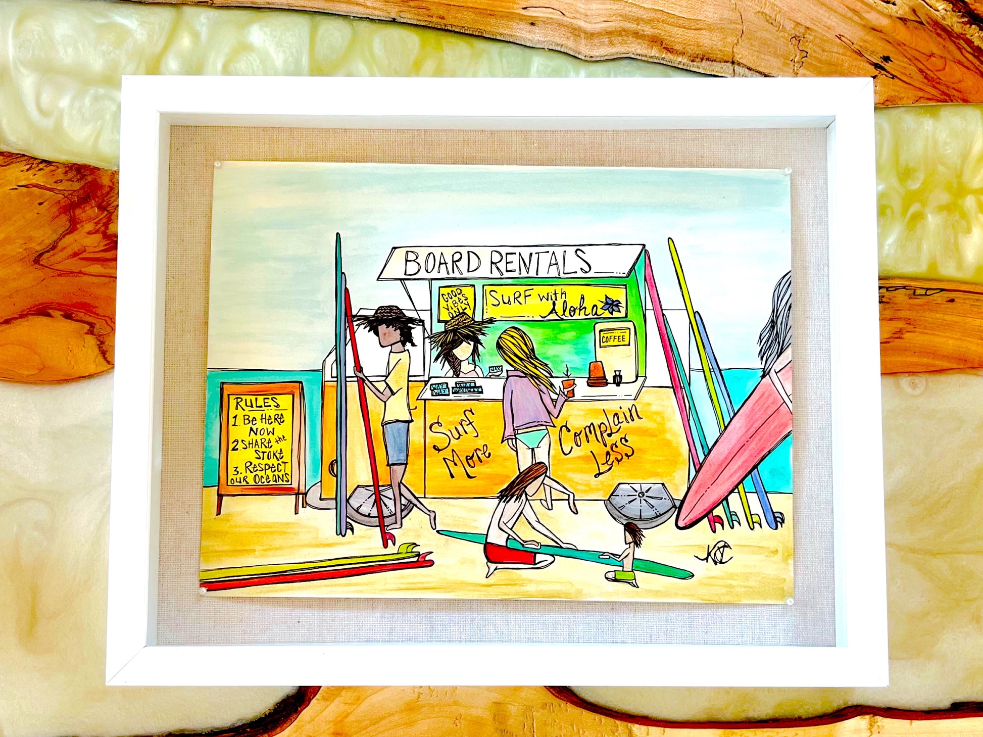 Surf more, Complain less - Original Artwork created on mixed media paper with acrylic and ink. Matted in high profile shadowbox frames