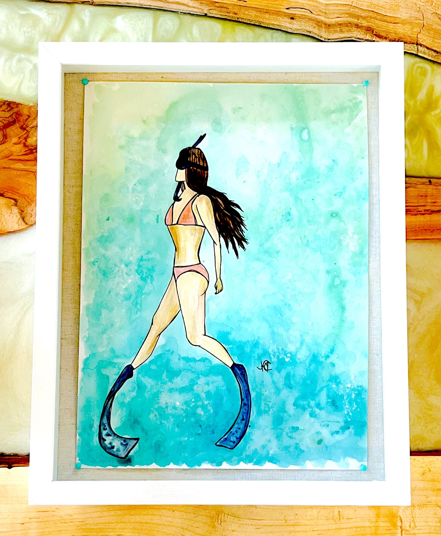 She Pulls me Deeper - Original Artwork created on mixed media paper with acrylic and ink. Matted in high profile shadowbox frames