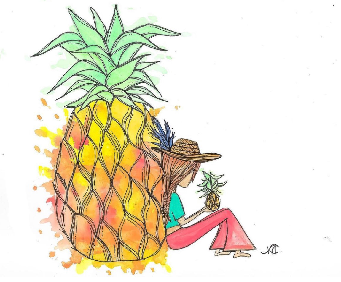 Pineapple Dreamer- Original Artwork created on mixed media paper with acrylic and ink. Matted in high profile shadowbox frames