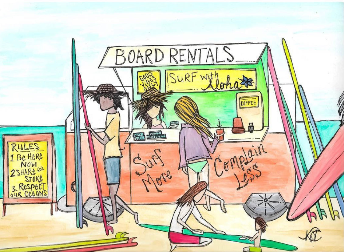 Surf more, Complain less - Original Artwork created on mixed media paper with acrylic and ink. Matted in high profile shadowbox frames