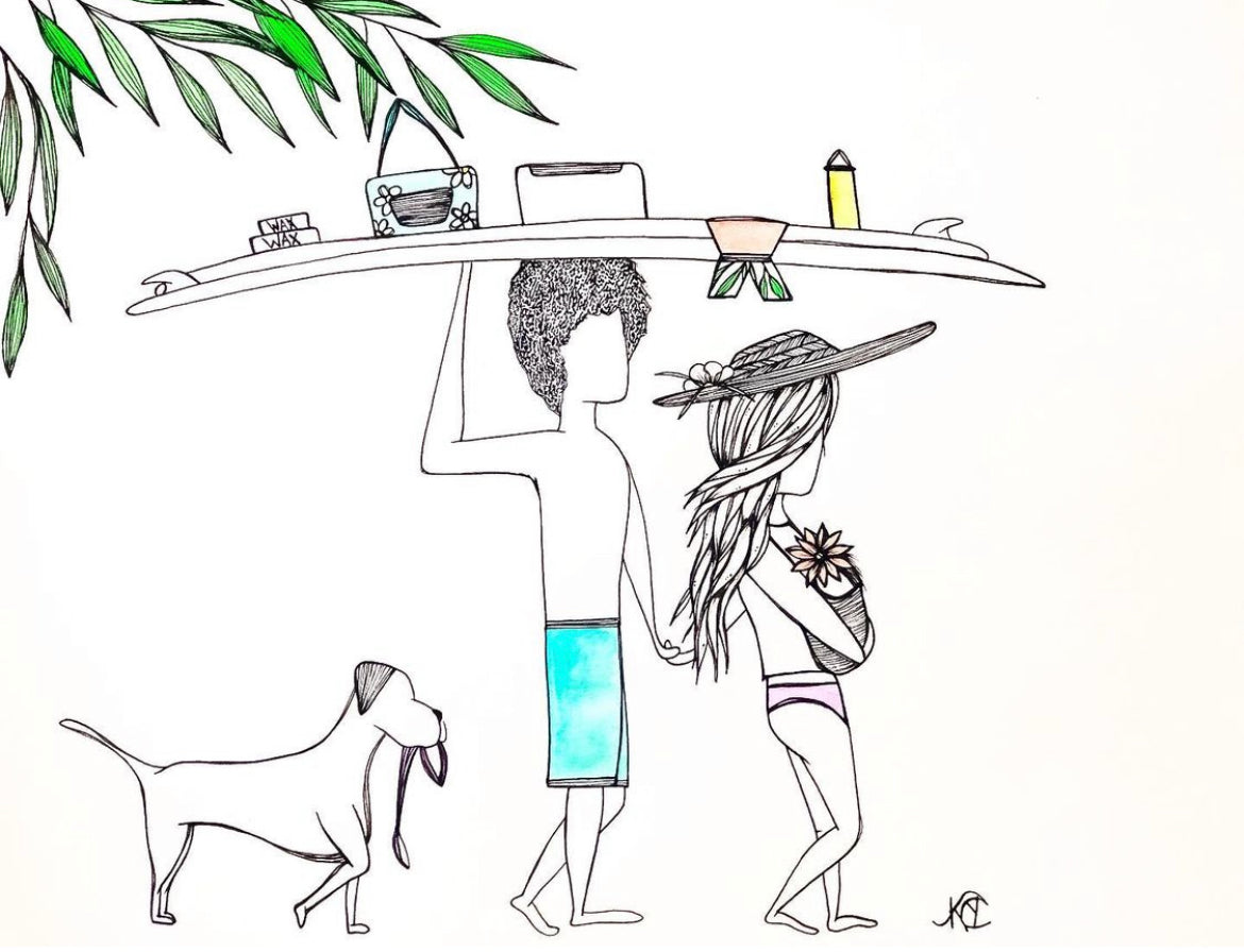 Family Beach Day - Original Artwork created on mixed media paper with acrylic and ink. Matted in high profile shadowbox frames