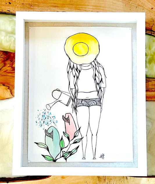 Water the Right Seeds - Original Artwork created on mixed media paper with acrylic and ink. Matted in high profile shadowbox frames