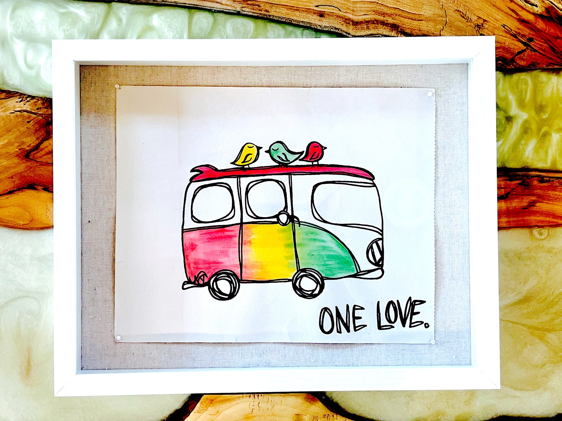 One Love - Original Artwork created on mixed media paper with acrylic and ink. Matted in high profile shadowbox frames