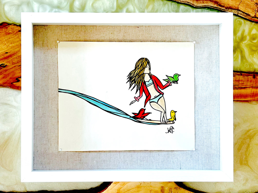 Surfing in your own Skin - Original Artwork created on mixed media paper with acrylic and ink. Matted in high profile shadowbox frames
