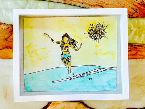 She Dances on Water - Original Artwork created on mixed media paper with acrylic and ink. Matted in high profile shadowbox frames