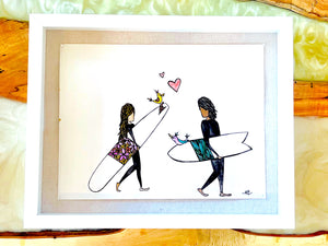 Love birds - Original Artwork created on mixed media paper with acrylic and ink. Matted in high profile shadowbox frames