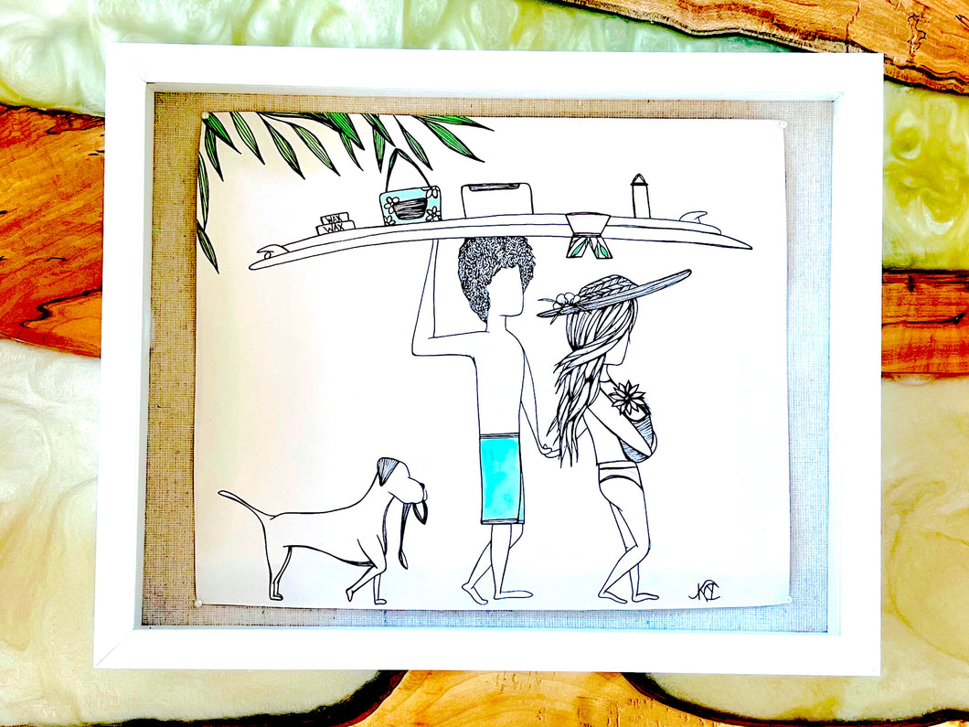 Family Beach Day - Original Artwork created on mixed media paper with acrylic and ink. Matted in high profile shadowbox frames
