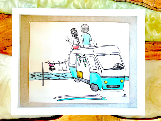 Coffee Break - Original Artwork created on mixed media paper with acrylic and ink. Matted in high profile shadowbox frames