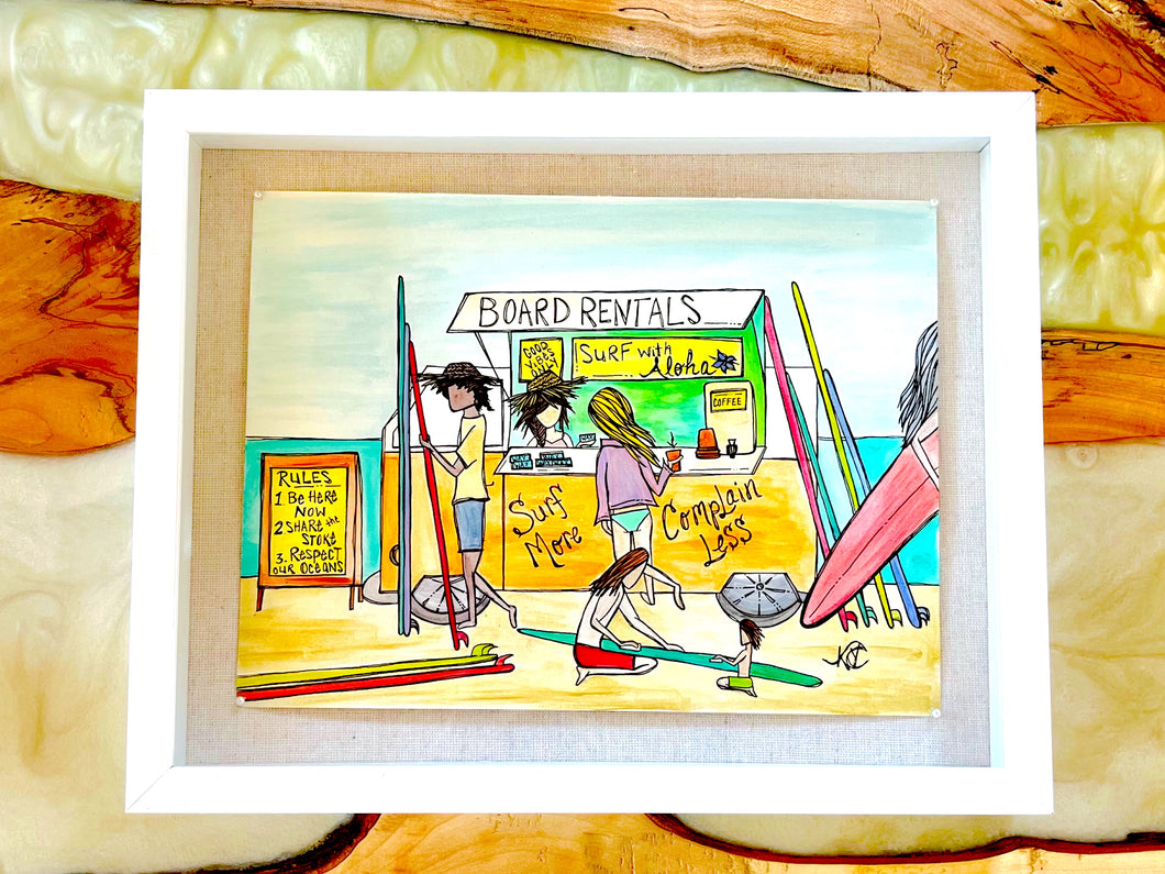 Surf more, Complain less - Original Artwork created on mixed media paper with acrylic and ink. Matted in high profile shadowbox frames