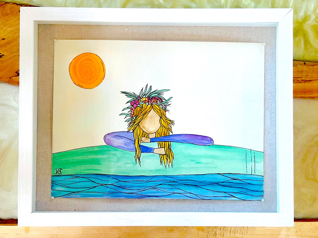 Wahine Warrior - Original Artwork created on mixed media paper with acrylic and ink. Matted in high profile shadowbox frames