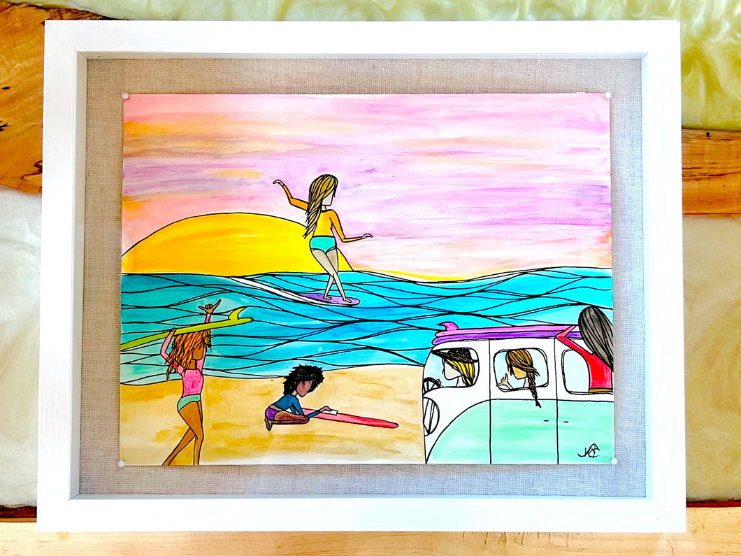 Sisters of the Sea - Original Artwork created on mixed media paper with acrylic and ink. Matted in high profile shadowbox frames