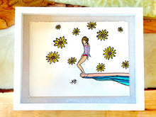 Load image into Gallery viewer, Sunflower Steez- Original Artwork created on mixed media paper with acrylic and ink. Matted in high profile shadowbox frames