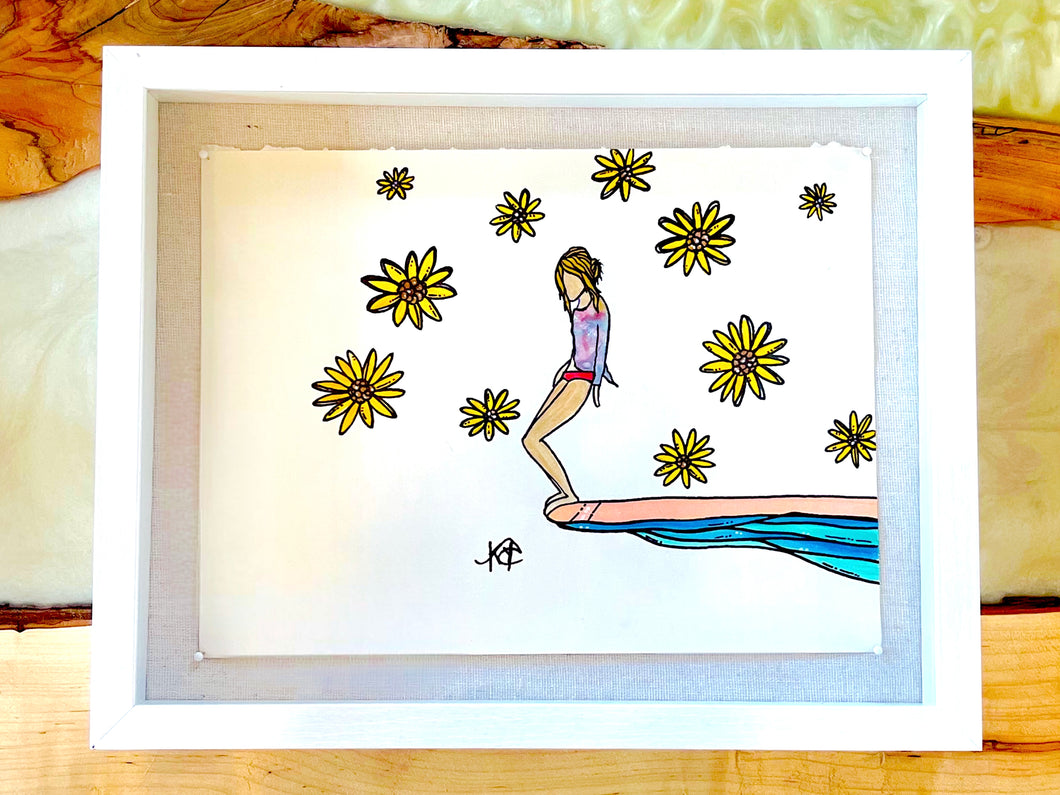 Sunflower Steez- Original Artwork created on mixed media paper with acrylic and ink. Matted in high profile shadowbox frames