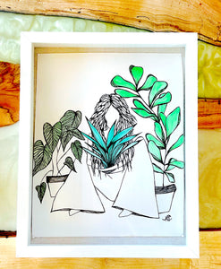 Plant Lady - Original Artwork created on mixed media paper with acrylic and ink. Matted in high profile shadowbox frames