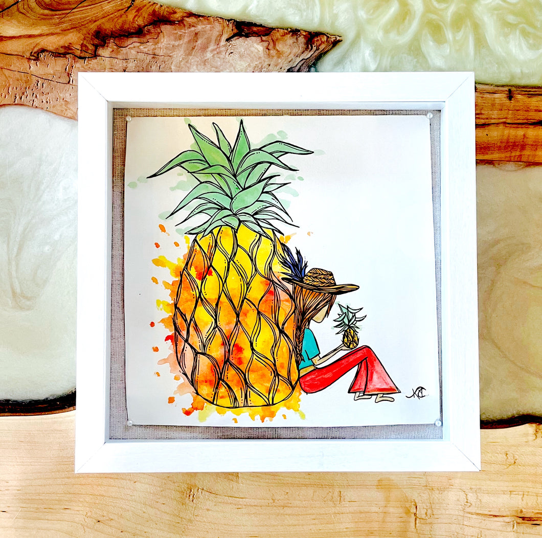 Pineapple Dreamer - Original Artwork created on mixed media paper with acrylic and ink. Matted in high profile shadowbox frames